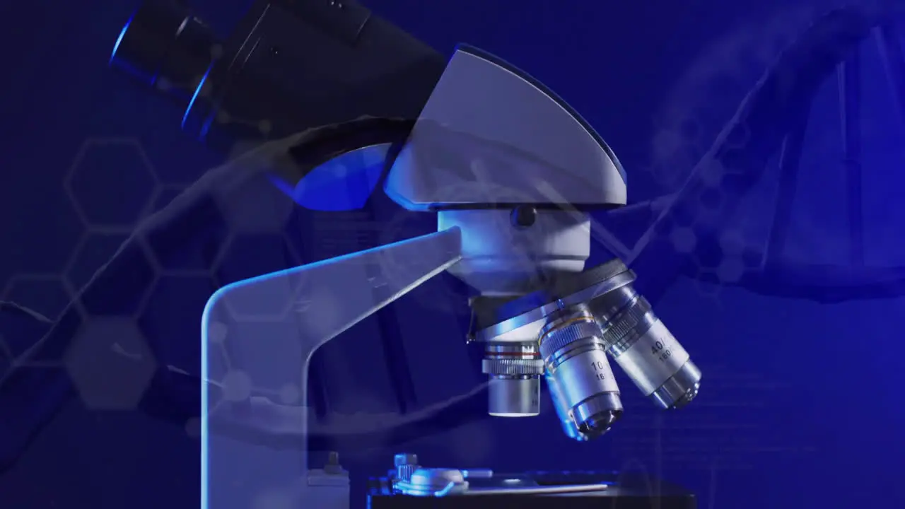 Animation of chemical structures over laboratory microscope on blue background