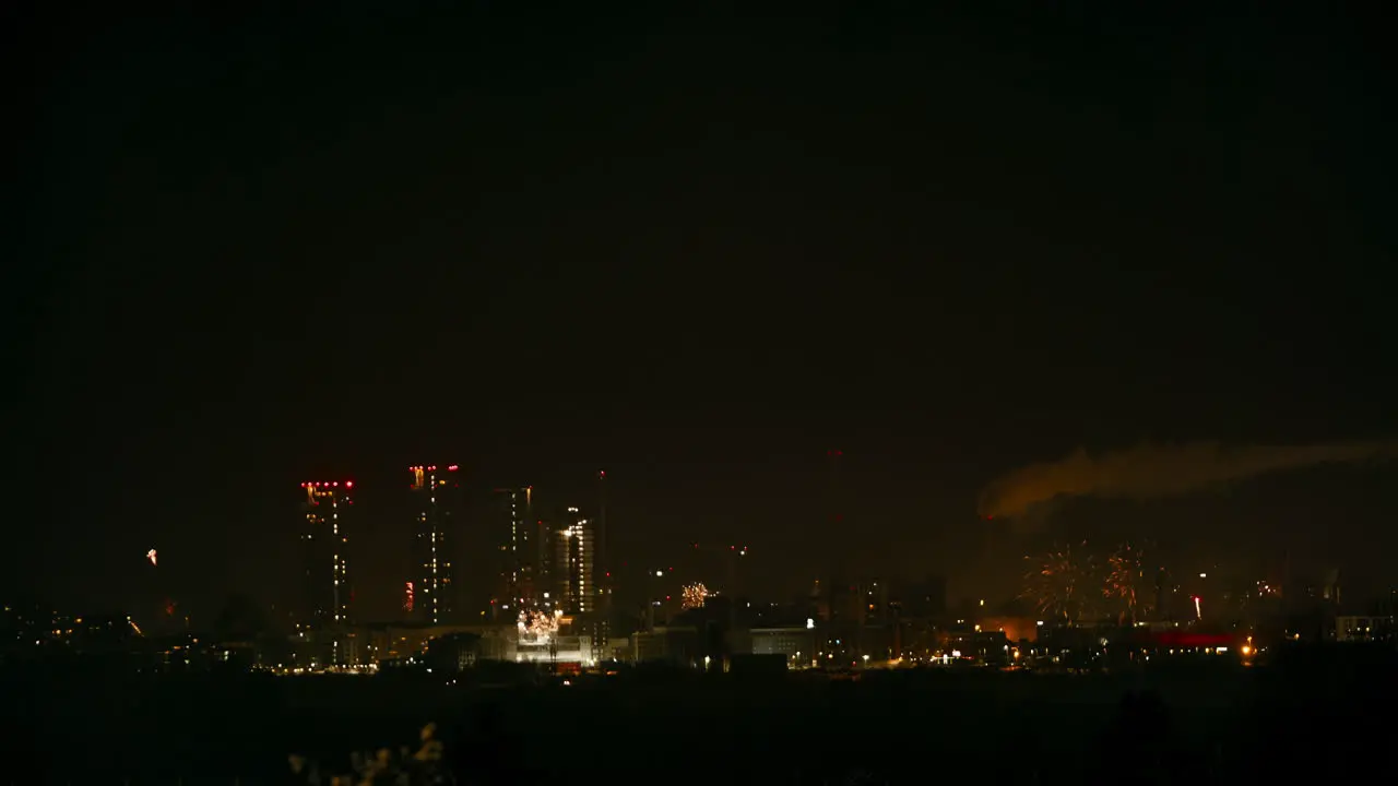 Helsinki Finland skyline celebrating new year's eve fireworks going off everywhere