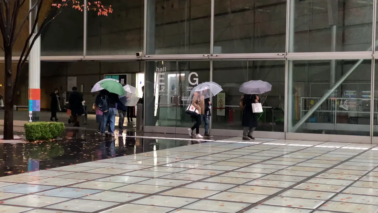 Wide Angle view of Tokyo International Forum entrance during rainy day in Tokyo Japan