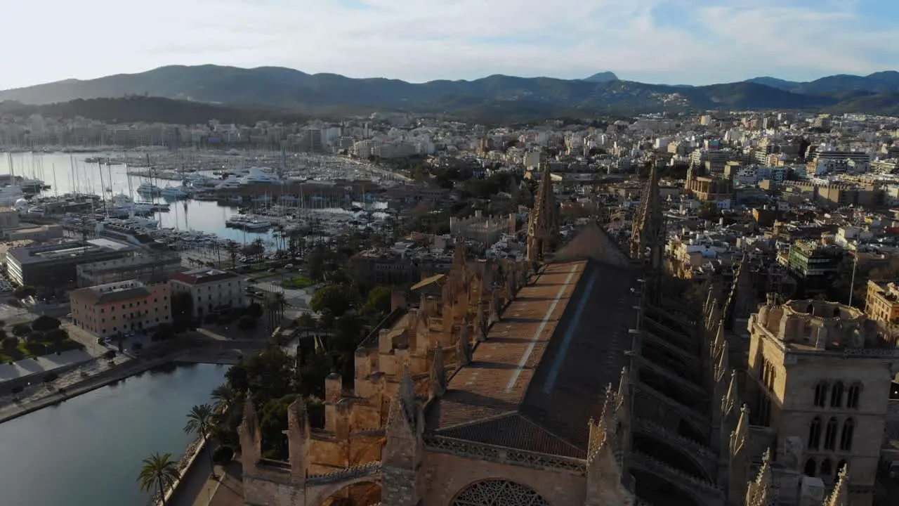 Drone forward over the cathedral in Palma De Malorcoa