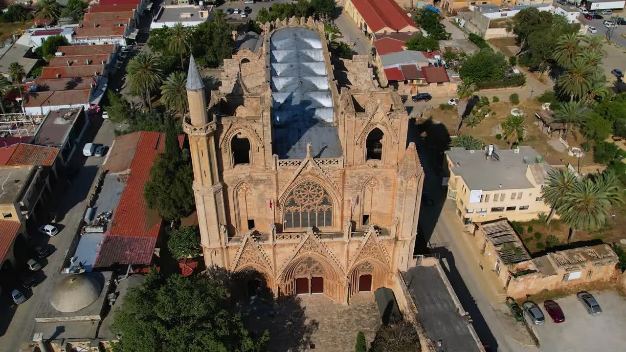 Aerial of Lala Mustafa Pasha Mosque in Famagusta Cyprus