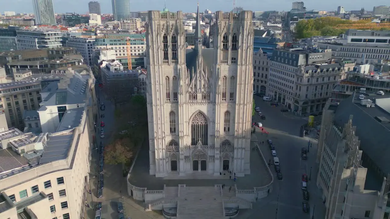 Roman Catholic cathedral church in Brussels aerial drone shot