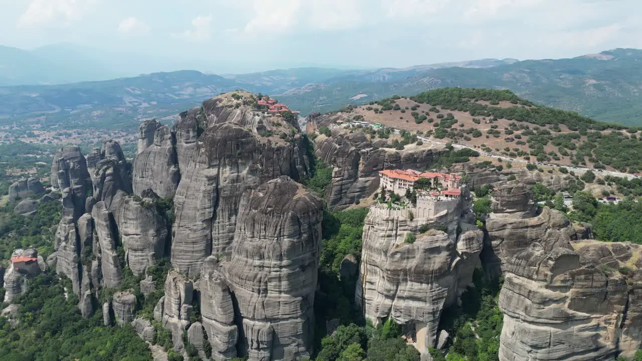 Meteora Monasteries and Rock Formations in Thessaly Greece Mainland Aerial 4k