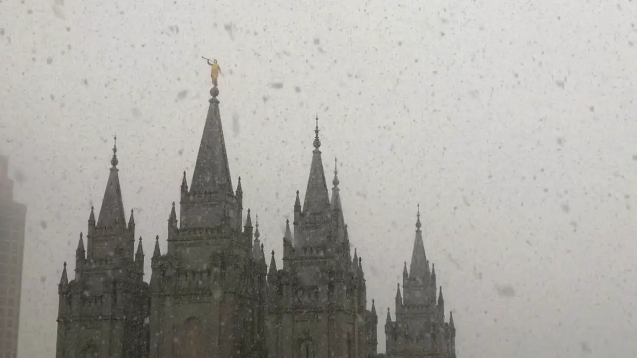 Mormon Temple in Salt Lake City during a heavy snow fall