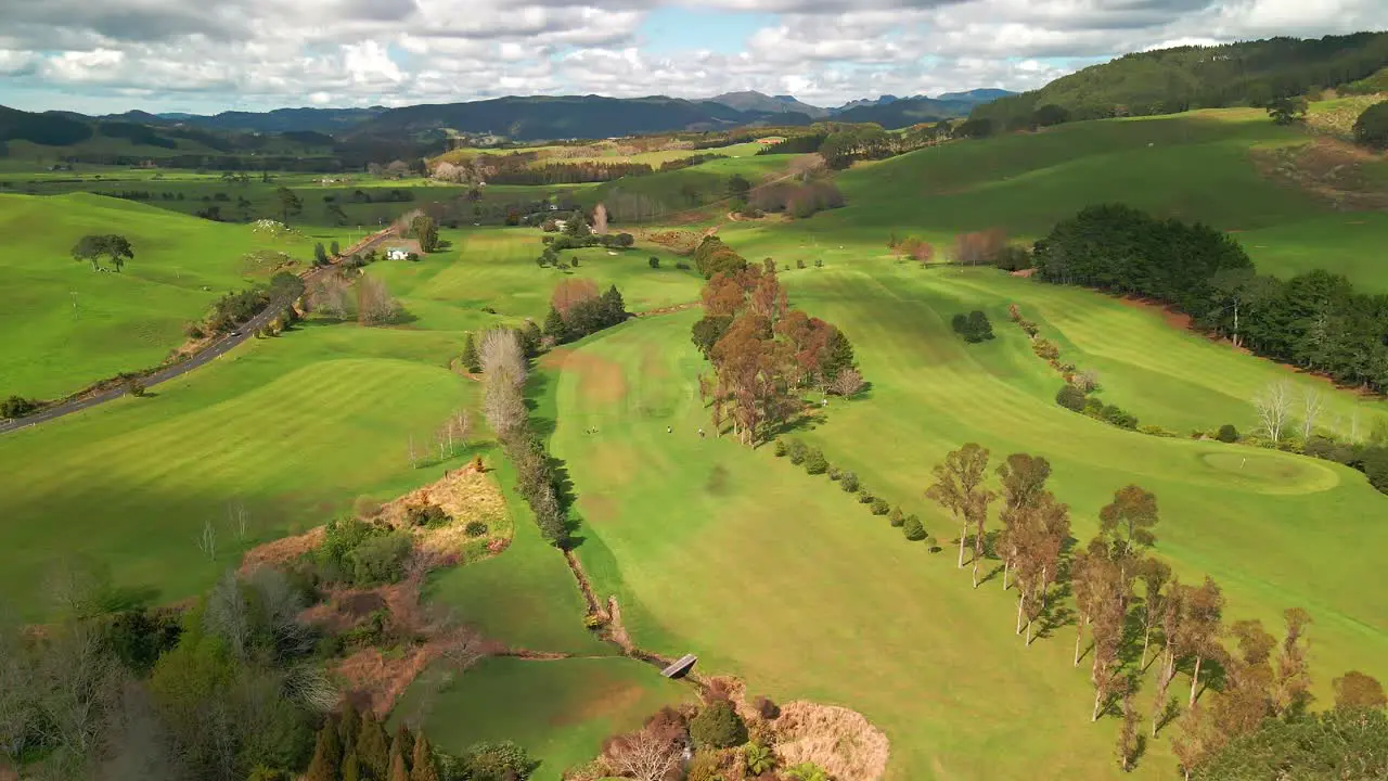 Drone flying over New Zealand golf course on a Saturday morning