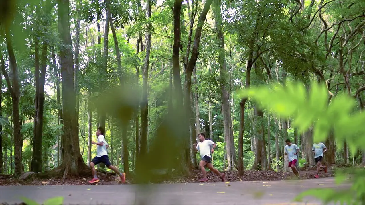 athletes running in the woods