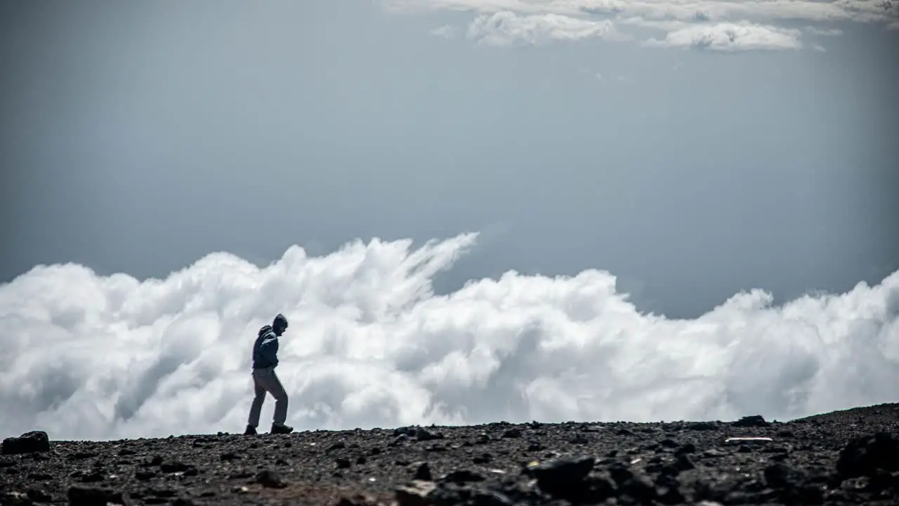 Cinemagraph of a man walking along a ridge on Mount Kilimanjaro