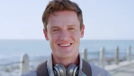 Travel beach and young man with face