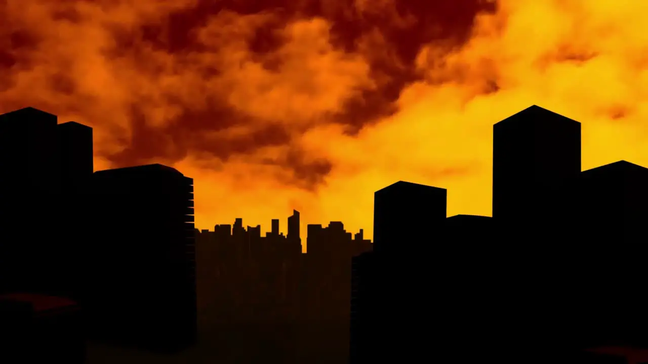 Animation of orange and yellow clouds moving in fast motion over silhouette of modern cityscape