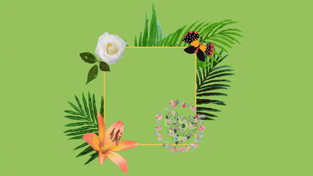 Animation of foliage butterfly heart and flowers framing square copy space on light green