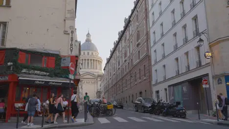 Exterior Of The Pantheon In Paris France With Restaurant In Foreground Shot in Slow Motion