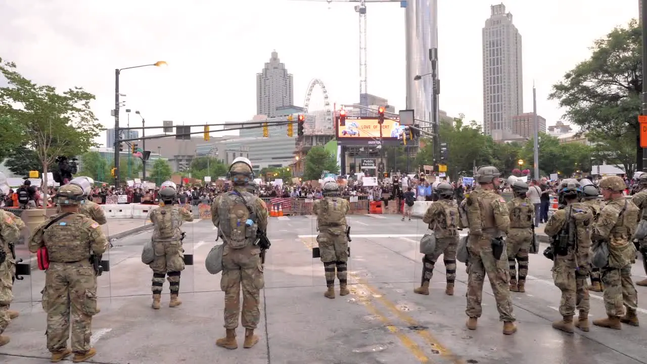 Massive Street Civil Unrest Protests Break Out In Atlanta During The George Floyd Black Lives Matter Protests As The National Guard Looks On