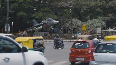 Static Outdoor Display Of HAL Tejas Fighter Jet In Bangalore India With Traffic In Foreground