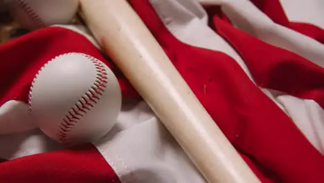 Close Up Baseball Still Life With Bat And Ball On American Flag