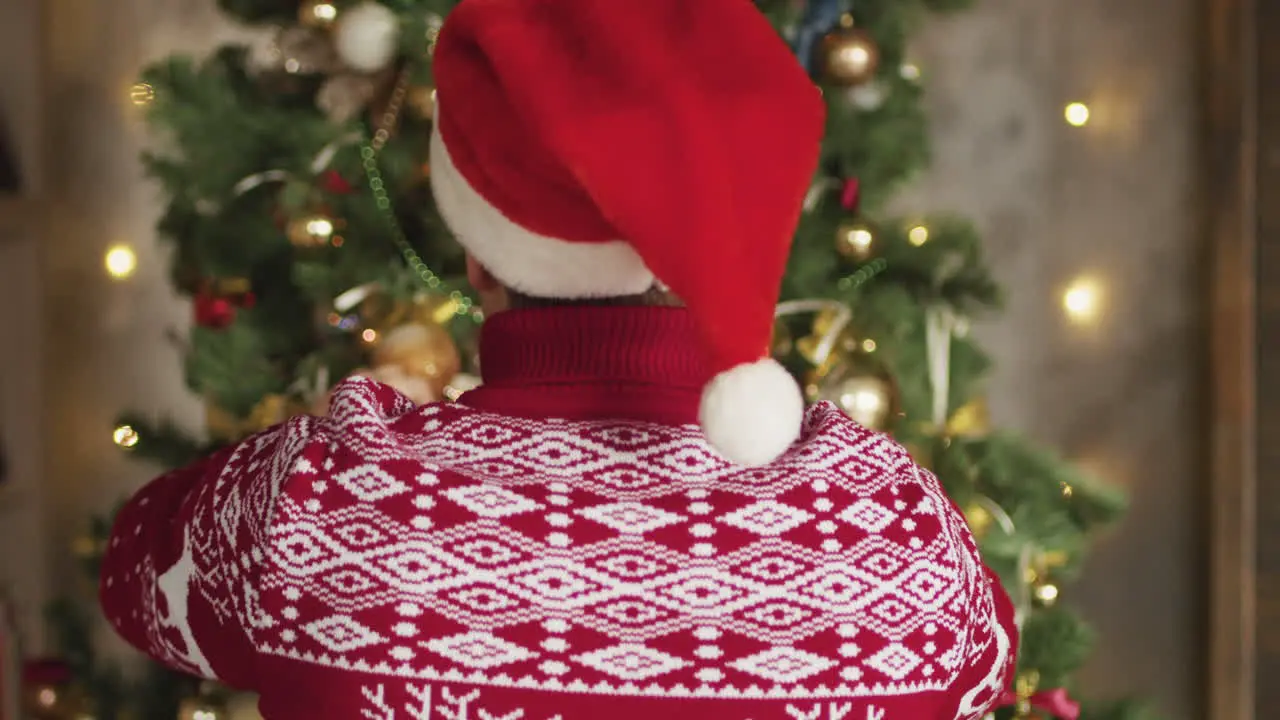 Vista Trasera Del Hombre Con Sombrero De Santa Y Decorando El árbol De Navidad En Casa