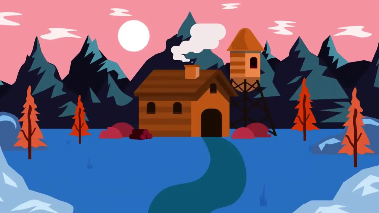 Animation of landscape of house with smokey chimney in mountains