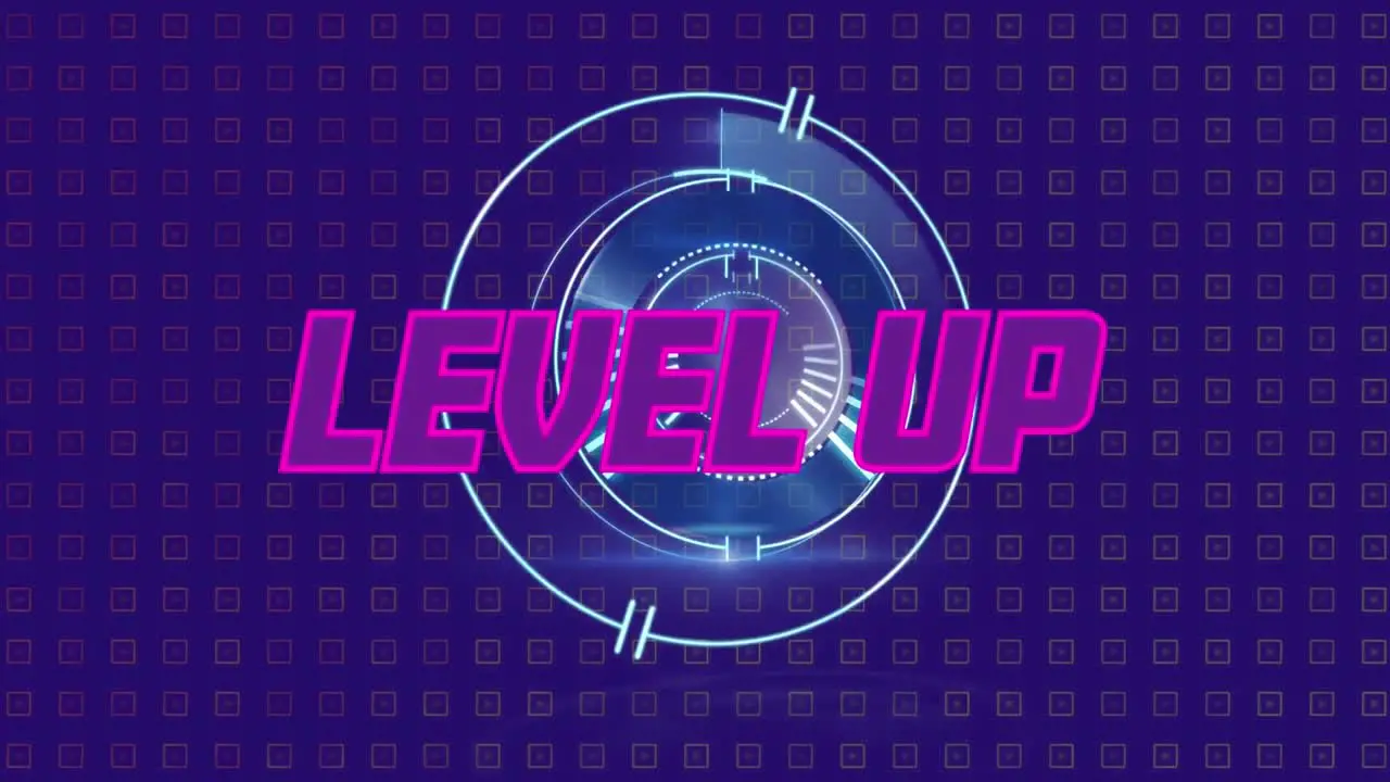 Animation of level up text over loading circles against squares on abstract background