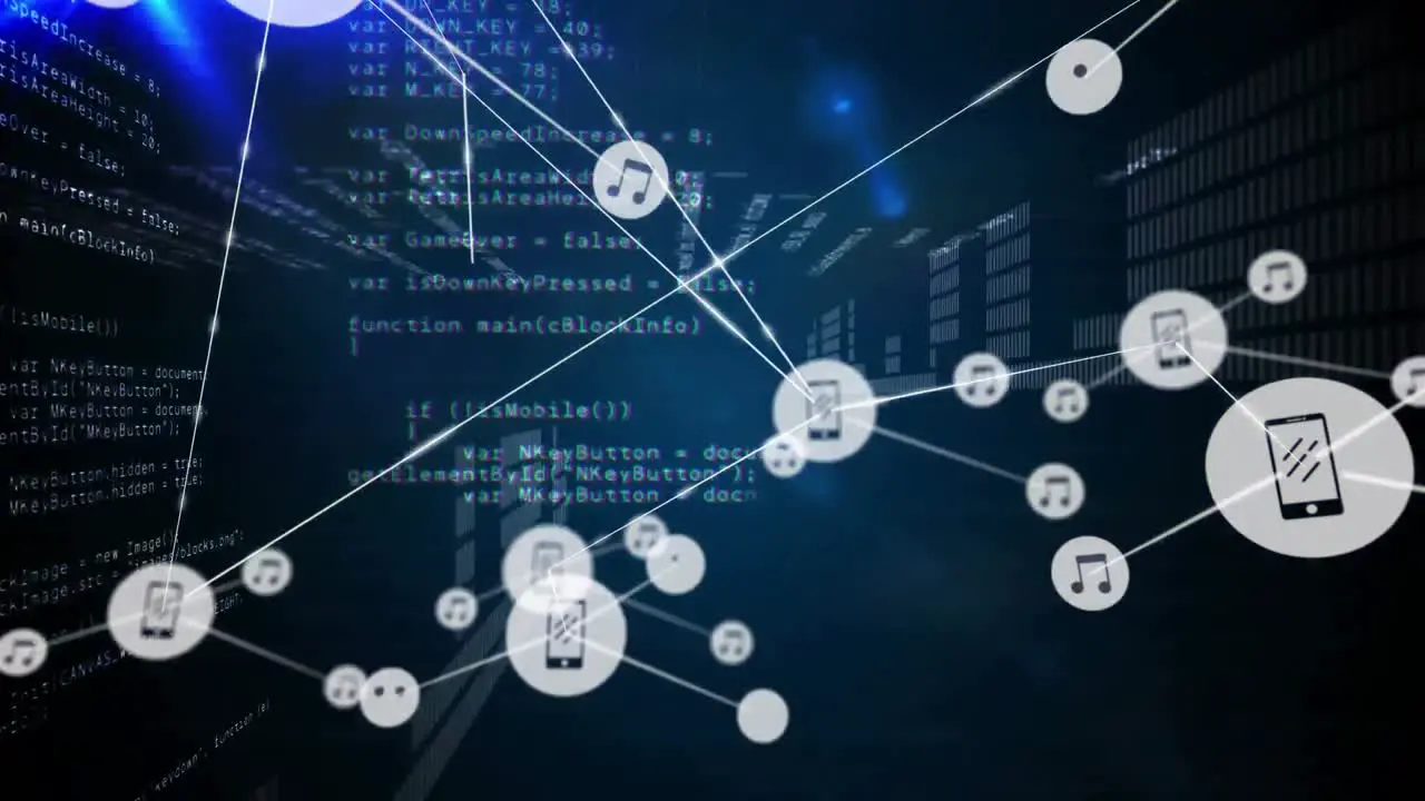 Animation of connected icons over bars lens flares computer language against abstract background