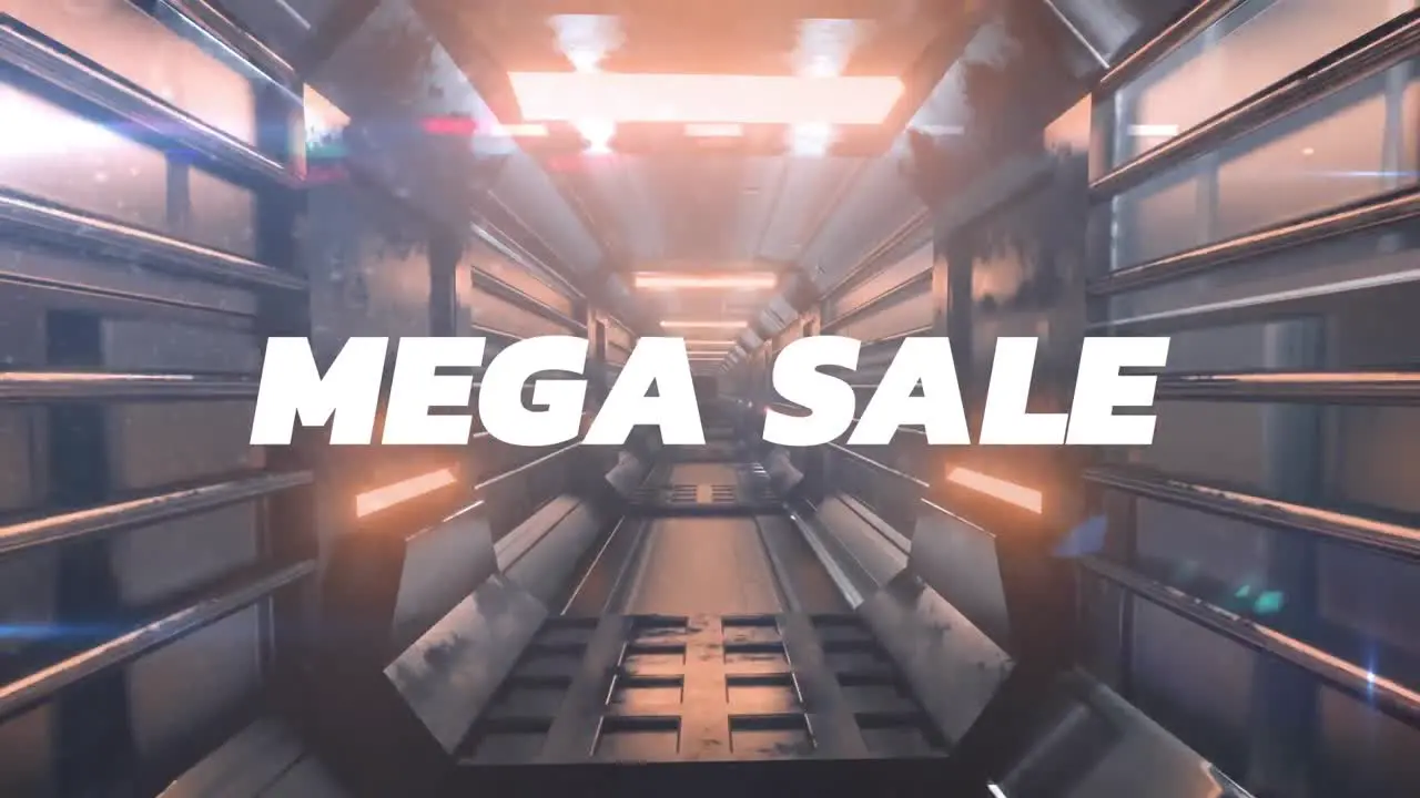 Animation of mega sale text and shapes over digital tunnel