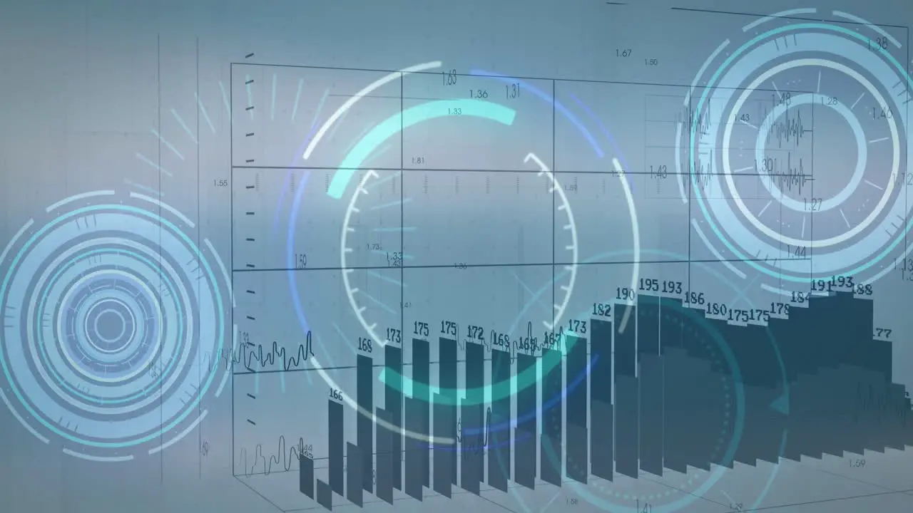 Animation of graphs with changing numbers over loading circles against abstract background