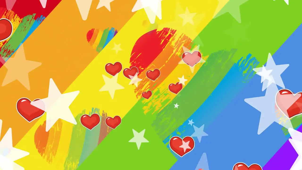 Animation of stars and heart shapes over multicolored hearts against abstract background