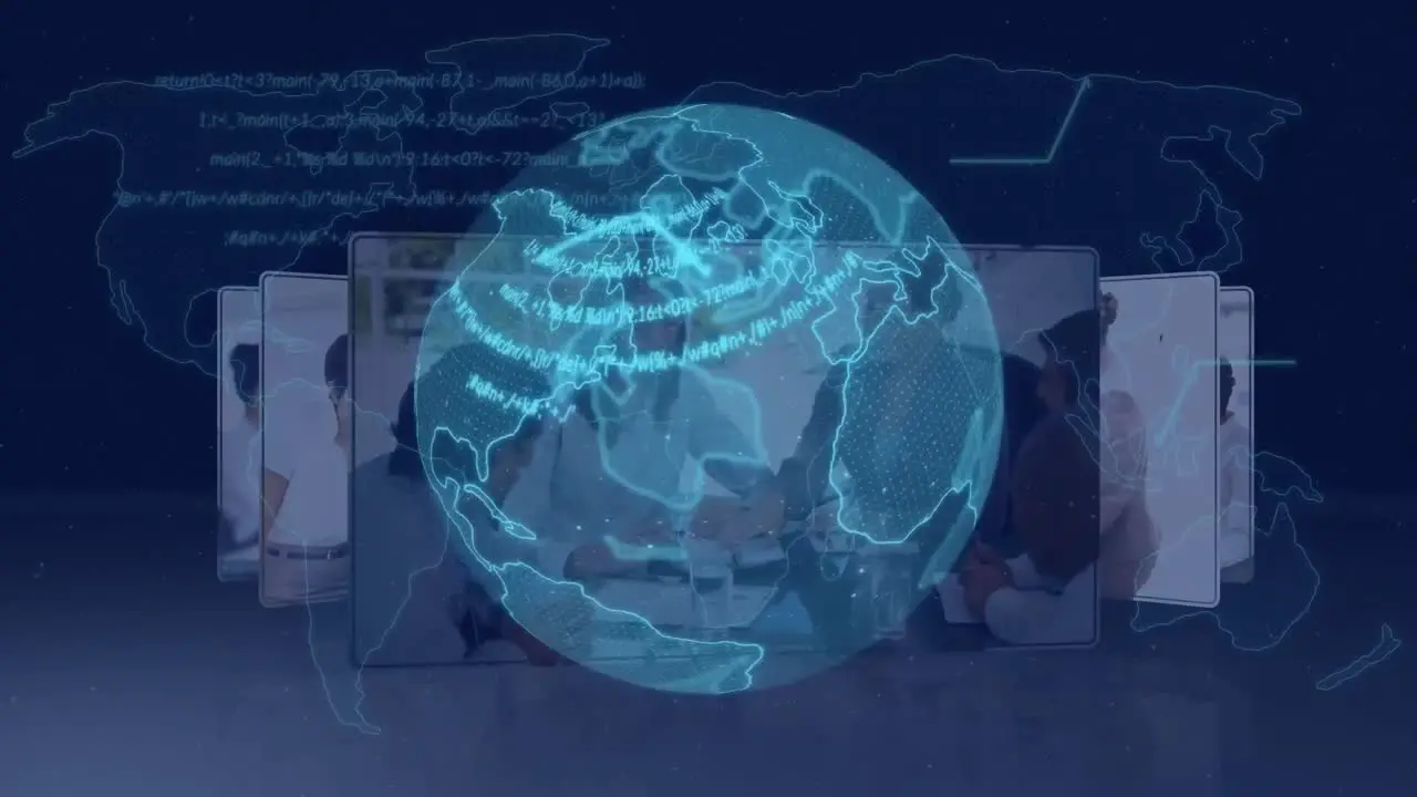 Animation of data on globe over multiple businesspeople against map on abstract background