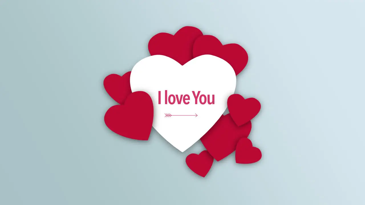 Animated closeup I Love You text and motion romantic red and white hearts on Valentines day background