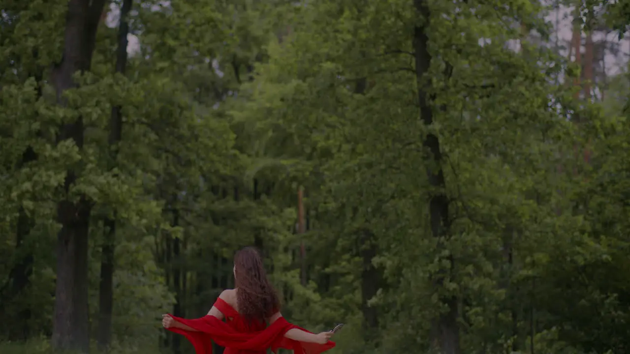 Woman In Red Dress Posing In Forest