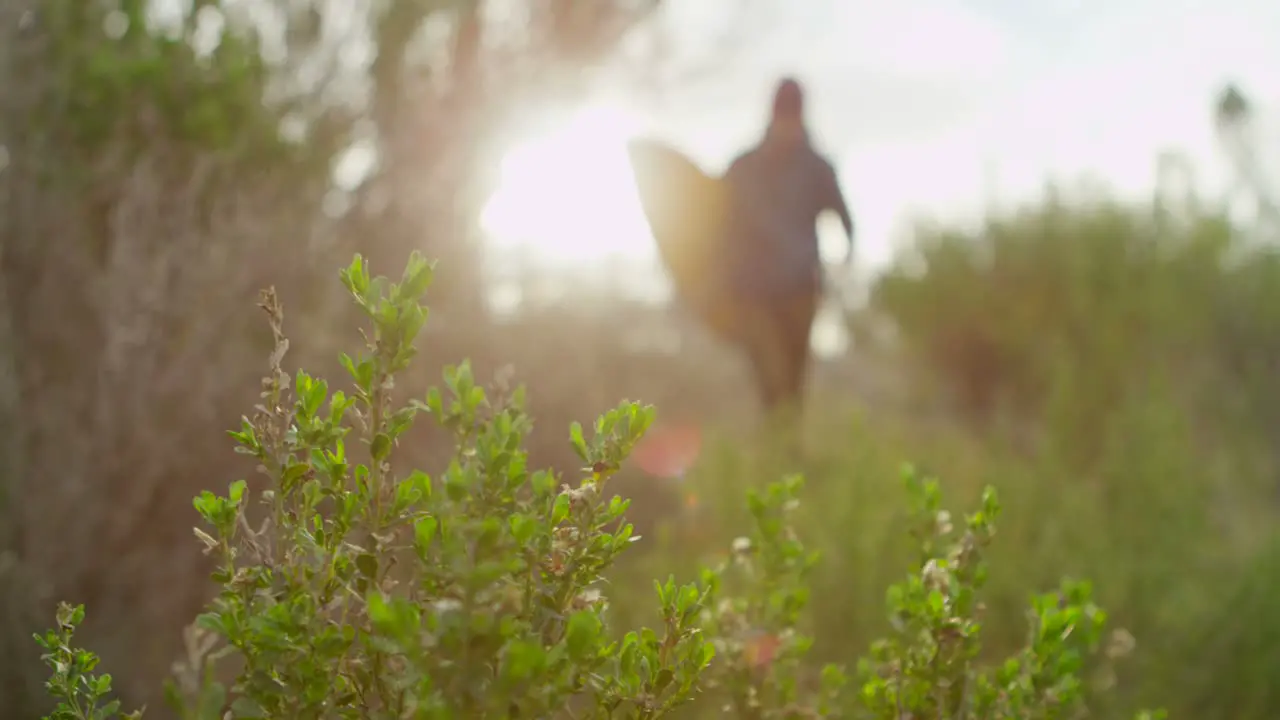 A surfer carries his board as he hikes down to a remote surf spot in a coastal area 4