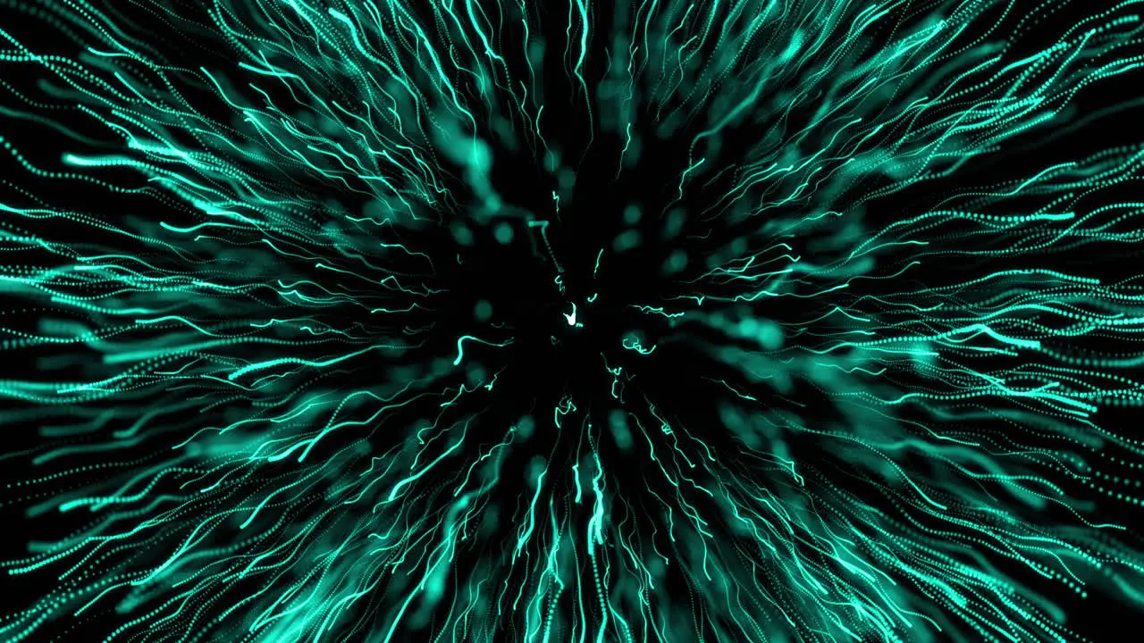 Digital animation of green light trail exploding against black background