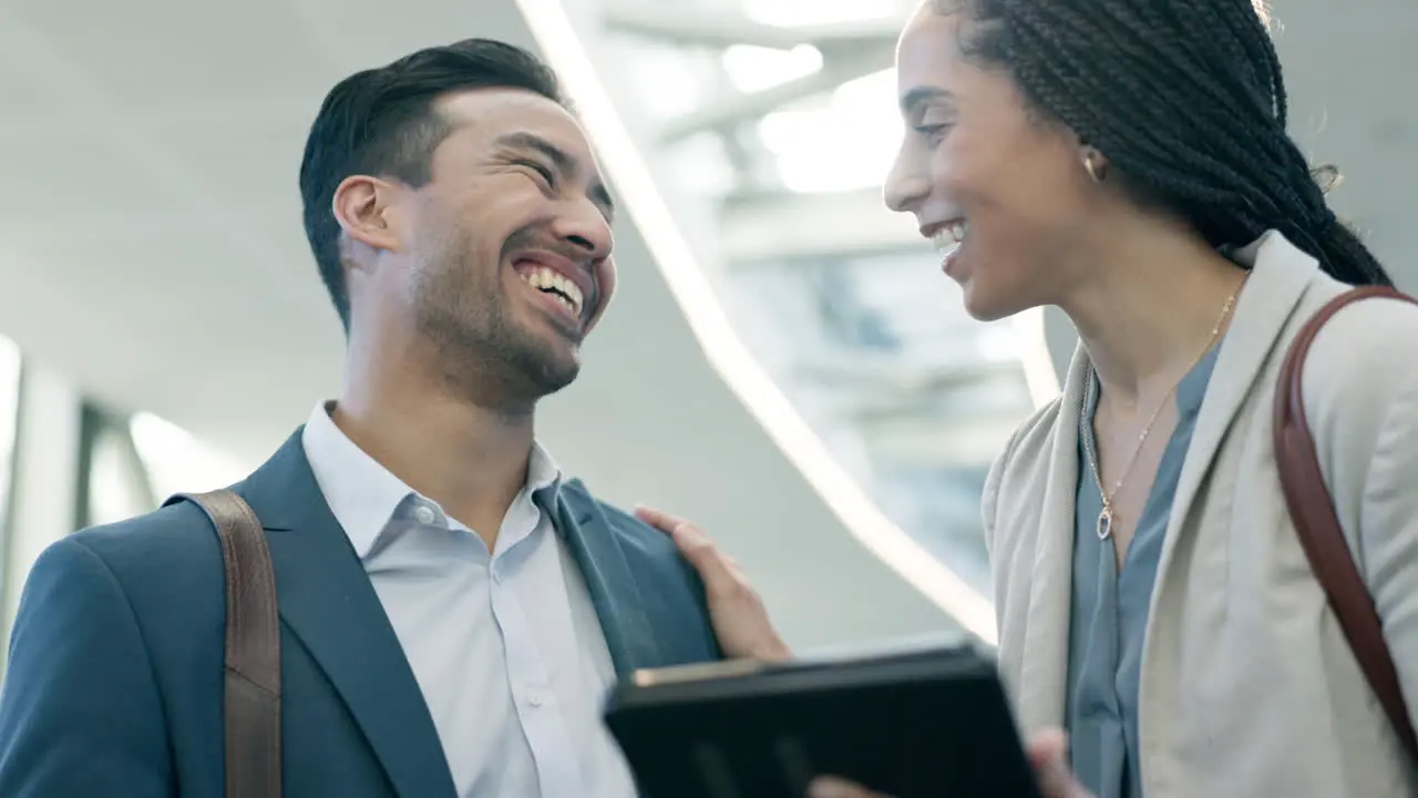 Laughing meme and business people with a tablet