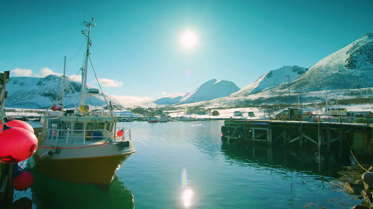 Stunning shot of a fishing boat in Tromvik harbour northern Norway