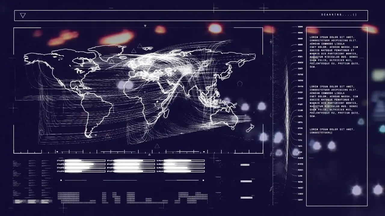 Animation of data processing on digital screen with world map over night road traffic