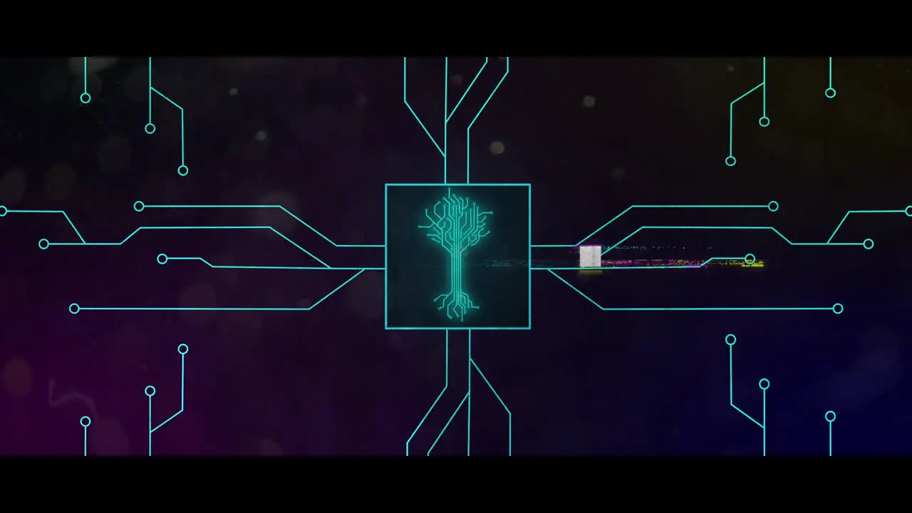 Animation of integrated circuit over data processing with glitch on digital screen