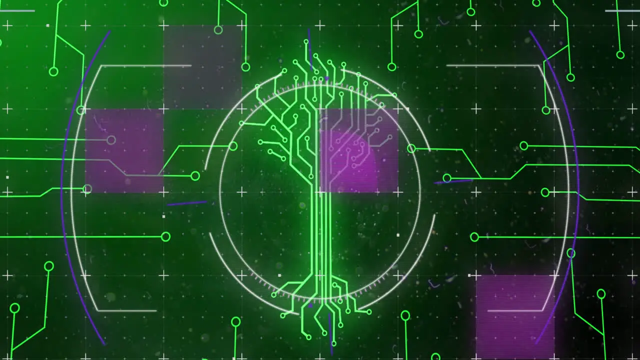 Animation of integrated circuit over data processing on digital screen with circles and glitch