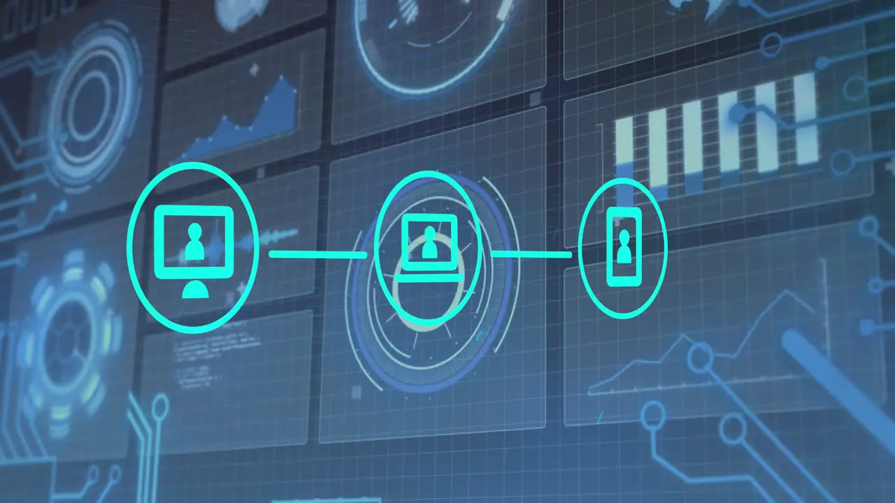 Animation of icons connections and data processing on digital screens