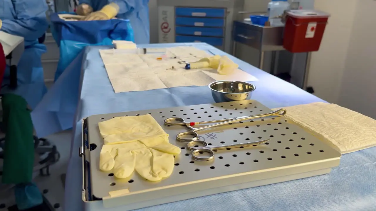 An operating table set up for ophthalmological surgery equipped with surgical instruments