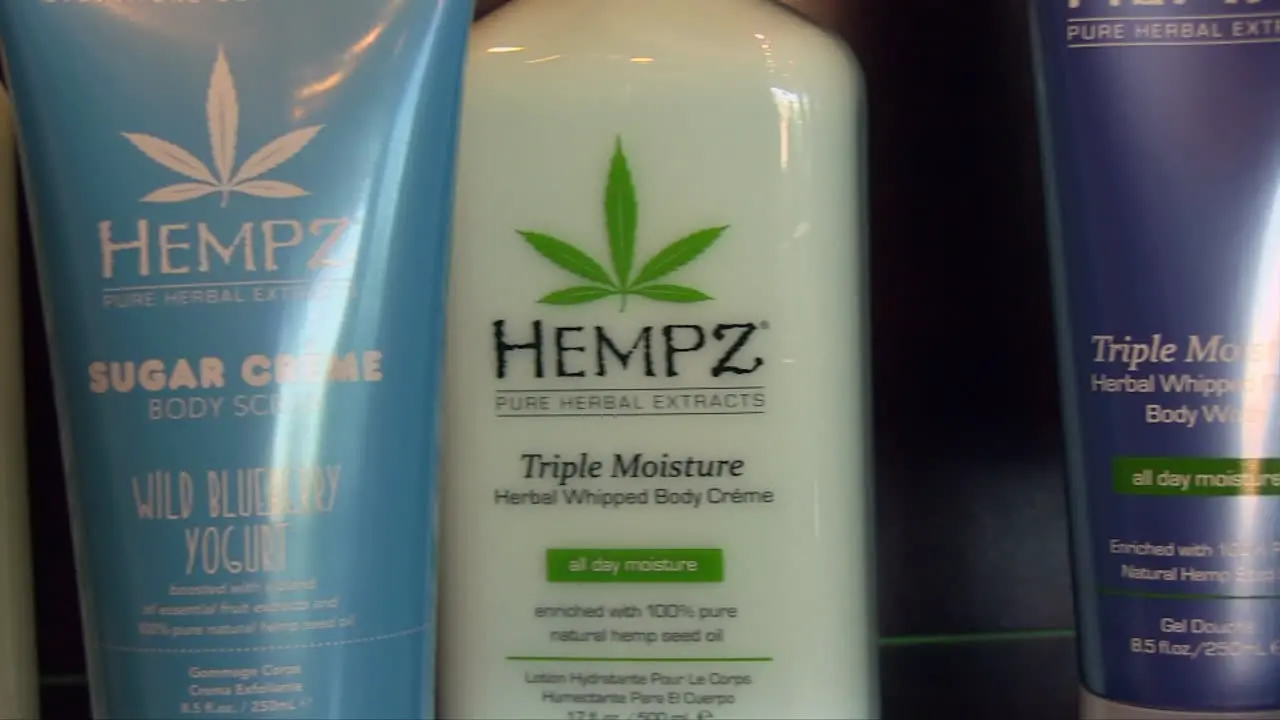 Bottles Of Hempz Brand Body Moisturizing Products close up panning right shot