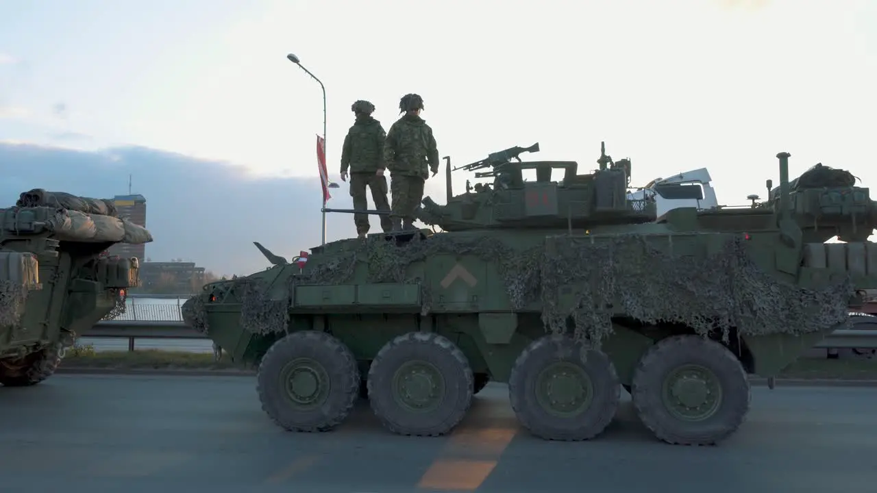 November 18 2022 Riga Latvia NATO Tanks and Soldiers at Military Parade in Riga Latvia