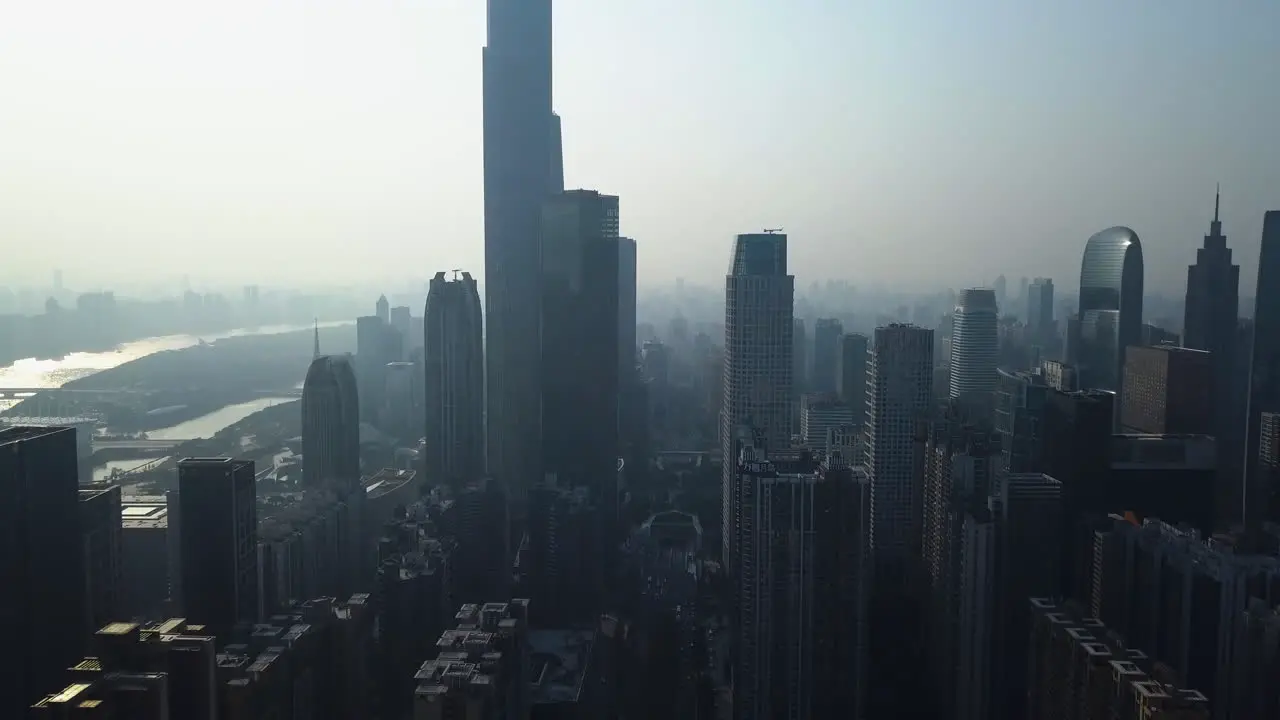 Aerial shot of asian megapolis Guangzhou downtown central buildings district on a sunny day in the afternoon