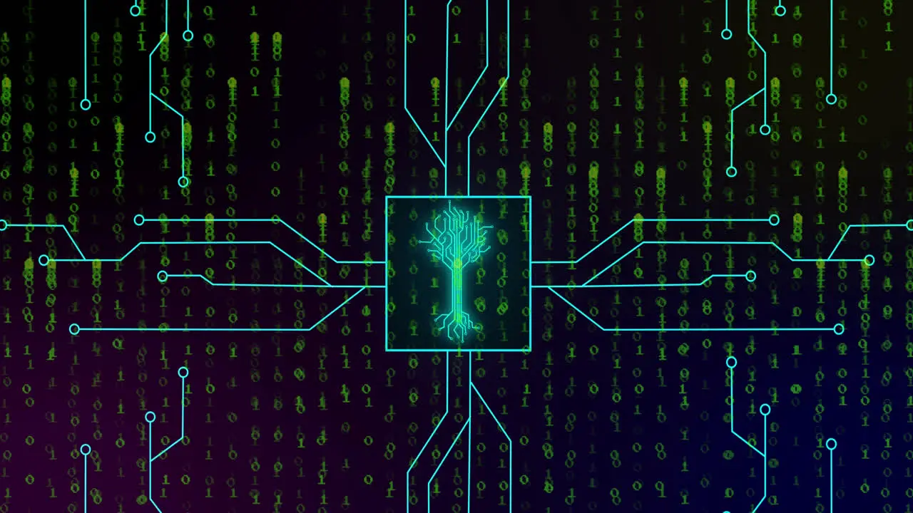 Animation of integrated circuit over binary code on digital screen