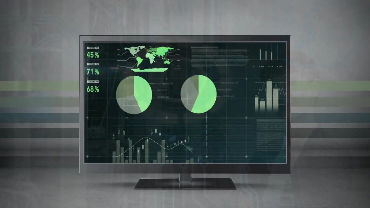 Animation of data processing and diagrams over computer screen with copy space