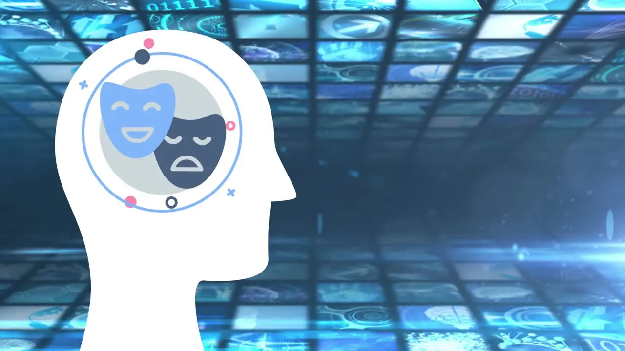 Animation of human head with masks and digital screens on black background