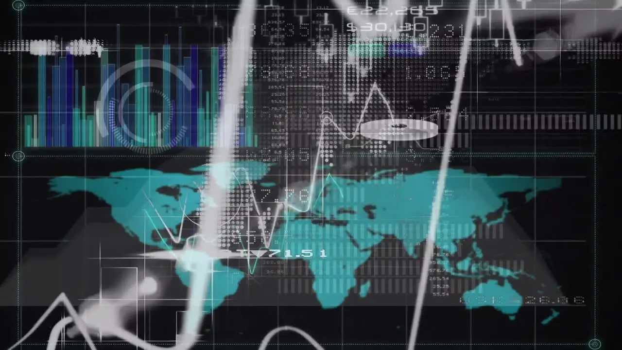 Animation of financial data over digital screen with world map