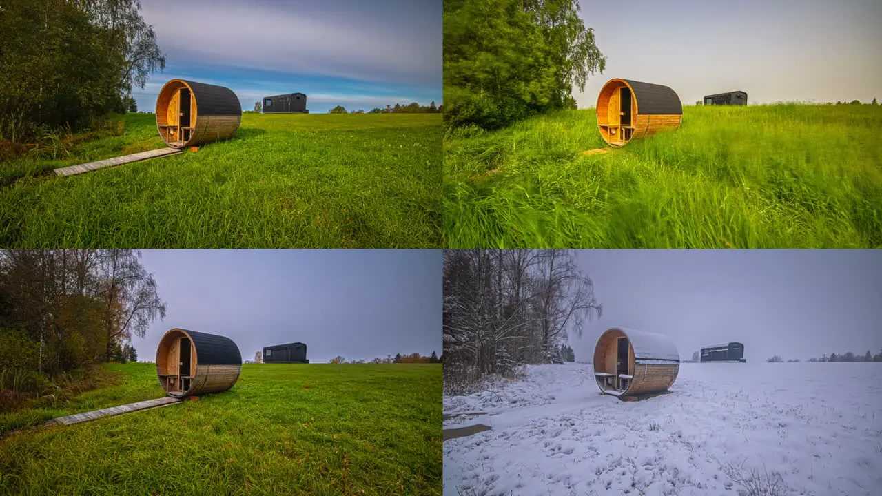 Video comparison of a barrel sauna through four different seasons in one screen in timelapse