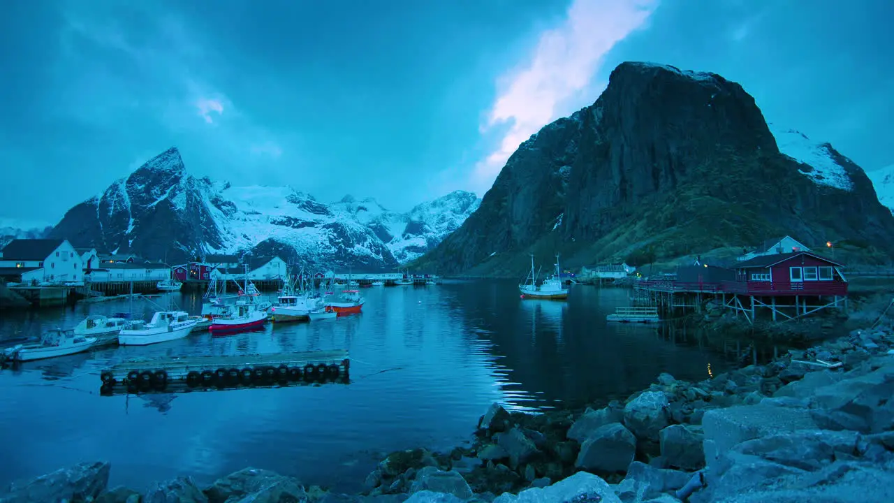 Cinematic wide static shot of Hamnoy Lofoten at dusk