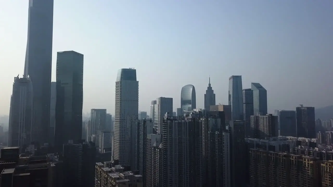 Aerial shot of Guangzhou central building district on a sunny day in the afternoon