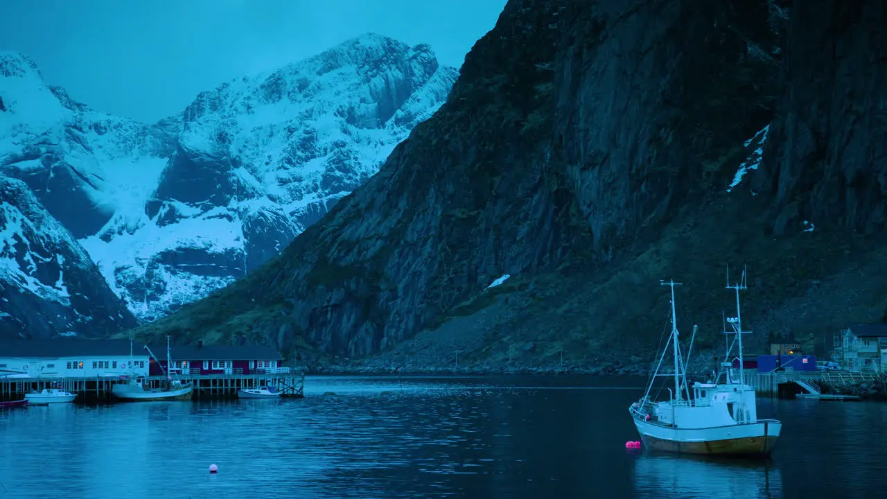 Cinematic shot of a fishing boat in Hamnoy Lofoten