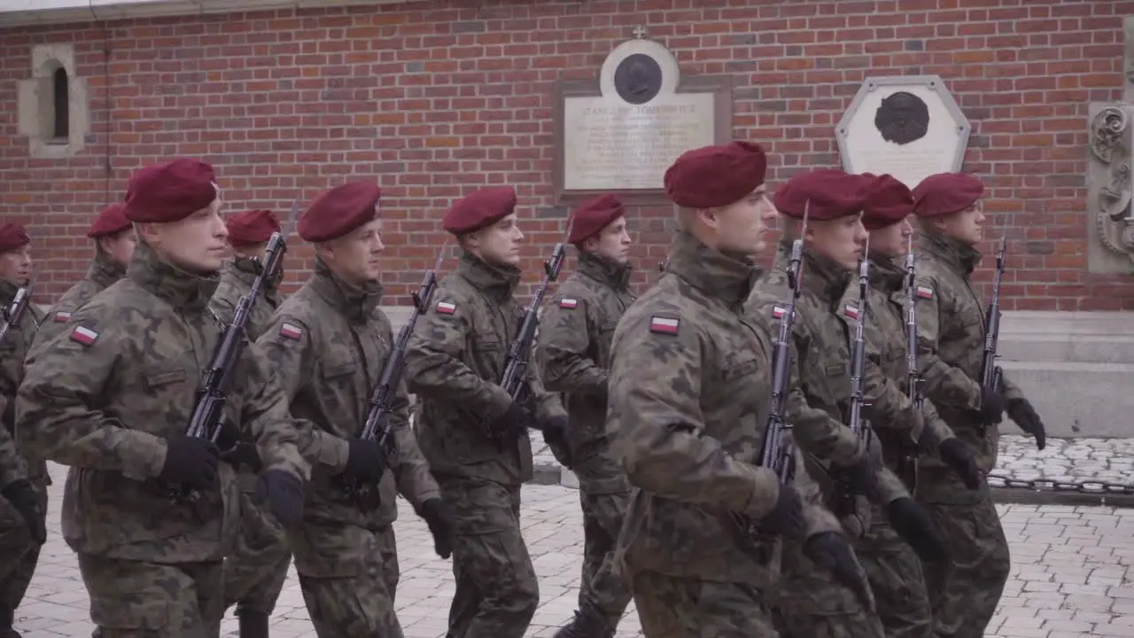 Military Troops And Soldiers March On The Streets Of Krakow Poland