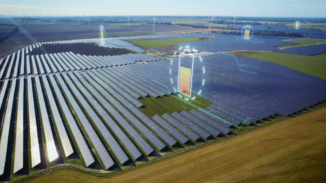 Aerial shot over large futuristic photovoltaic solar farm